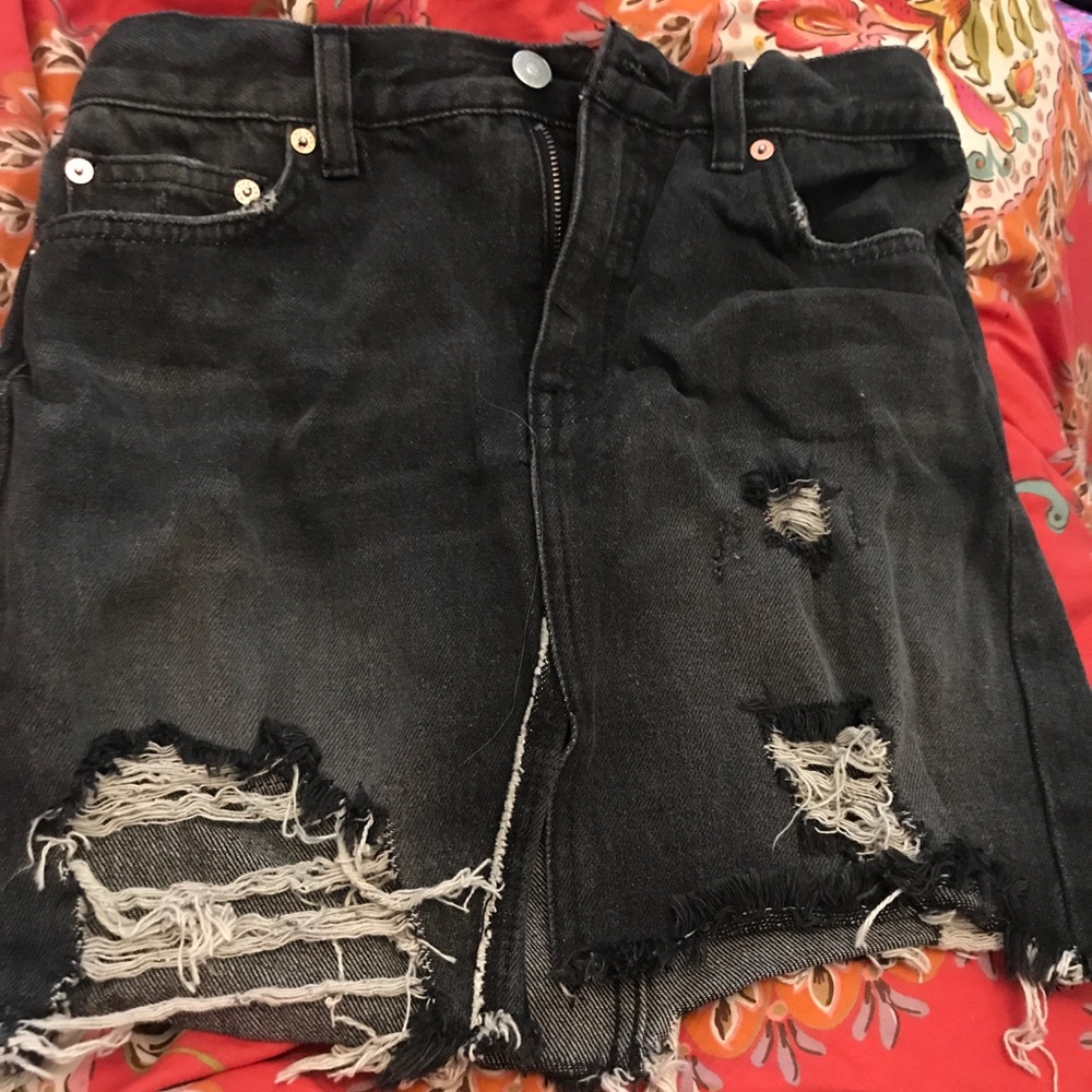 Free People Black Denim Distressed Skirt